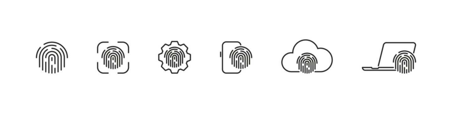 Fingerprint safety on devices and services vector outline icon set. Biometric security, access, and data protection collection.