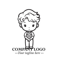 Black and White Chibi Boy Illustration with Jacket and Boots in Bold Thick Line Art Minimal Style