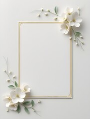 Elegant gold-bordered floral frame with white blossoms and soft leaves on a light background, ideal for invitations or minimalist decorative designs.
