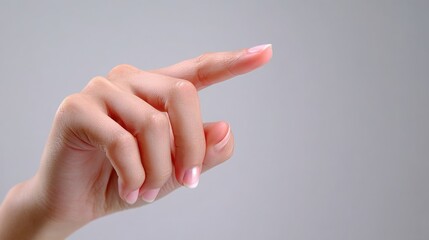Woman hand with natural manicure pointing with index finger, gesturing a touch or press action on an invisible display, conveying concepts of interaction and choice