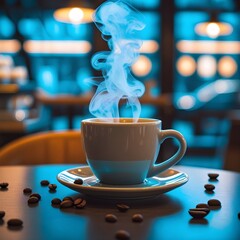 A steaming cup of coffee on a café table with warm light and blue bokeh background, evoking a cozy, relaxing morning vibe.