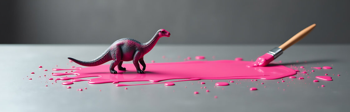 small plastic apatosaurus figurine lies isolated sleek industrial table surrounded streaks bright pink paint splattered