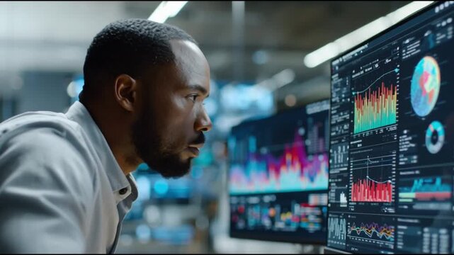 Supply chain resilience tech. Logistics automation forecasting management. Transportation. Cybersecurity. Blockchain. A focused professional analyzing data on multiple screens.