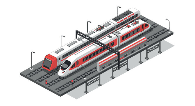 Modern isometric train station with high-speed trains and tracks