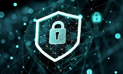 Digital shield with a padlock icon symbolizing data protection and network security in a futuristic abstract technological background with glowing nodes and connections - Powered by Adobe