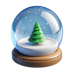 Charming 3d rendered snow globe featuring a miniature evergreen tree and falling snowflakes