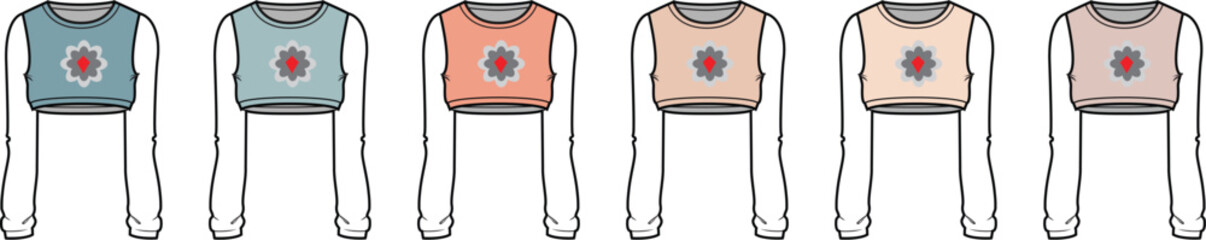Collection of six cropped tops with long sleeves, each featuring a circular emblem on the chest