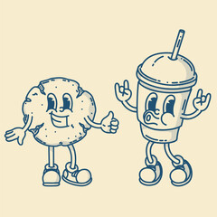 Happy retro mascot cookie and coffee to go with straw character, smiling, thumbs up. Menu, homemade bakery symbol