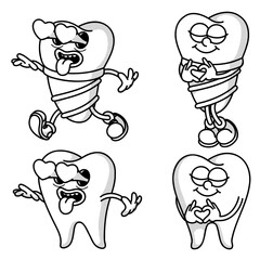 Retro dental duo: playful implant and natural tooth mascots. Vintage handdrawn style for implantology education and clinic branding