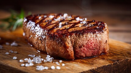 cuttingboard. Juicy steak on rustic cutting board photographed from above with appetizing shallow focus. menu design, packaging mockups, designed for culinary blogs and recipe cards for restaurants.