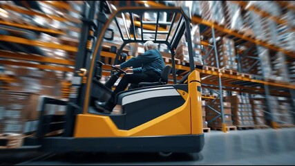 Supply chain resilience tech. Logistics automation forecasting management. Transportation. Cybersecurity. Blockchain. A forklift transporting boxes in a busy warehouse. - Powered by Adobe