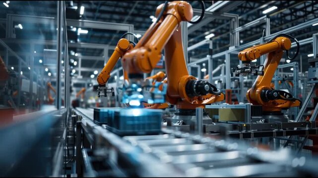 Supply chain resilience tech. Logistics automation forecasting management. Transportation. Cybersecurity. Blockchain. A robotic arm handling a container in a modern warehouse setting.