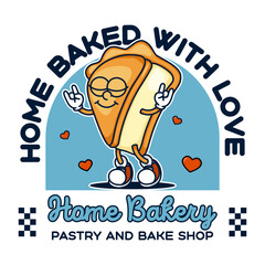Vintage pie mascot logo with home bakery text and baked with love message ready vector design