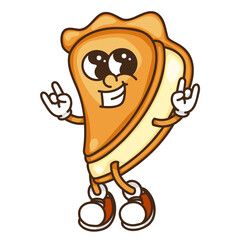 Pie slice mascot with hand rock gesture retro vibrant vector design for bakery logo and advertising