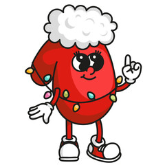 Festive red mitten mascot with white fur and colorful garland. Cozy Xmas and New Year design for winter branding and holiday decorations