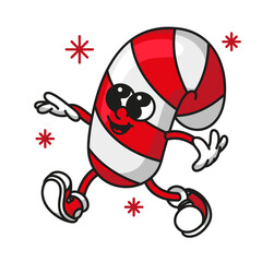 Bright glossy candy cane mascot with shadows and highlights. Festive Xmas and New Year vector design for holiday branding and party decorations