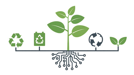 Green technology and sustainability concept with plant roots connected to digital circuits and recycling symbols