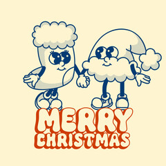 Vintage Christmas card with stocking and Santa hat mascots. Contour illustration with dot shadows and joyful holiday typography