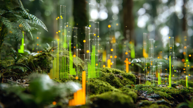 Digital data visualization over mossy forest floor highlighting ecological monitoring and environmental analysis - Powered by Adobe