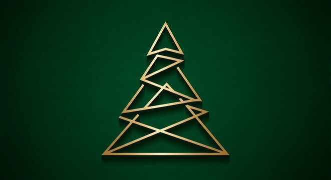 A minimalist Christmas tree formed by intersecting golden triangles against a luxurious, deep emerald green background