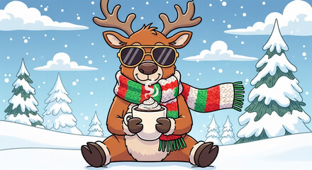 Illustration of a reindeer wearing sunglasses and a colorful scarf, sitting in a snowy landscape and enjoying a steaming mug of hot chocolate with whipped cream