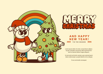 Vintage snowman and decorated Christmas tree on rainbow background with holiday text Magical design for festive websites and greeting cards