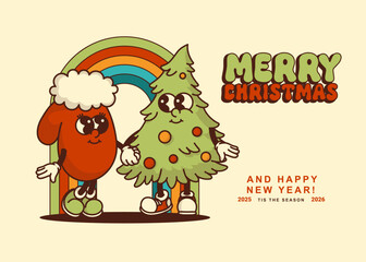 Vintage Christmas tree with ornaments and mitten mascot on rainbow background Festive design with greeting text for websites and social media