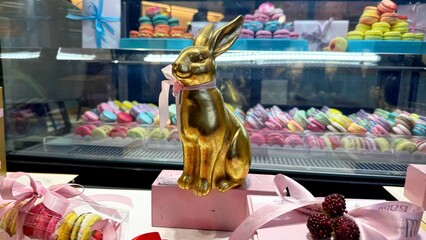 Beautiful pastry shop window with maarunes