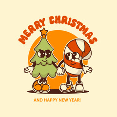 Vintage Christmas tree and candy cane mascots on festive background with holiday text Colorful retro design for greeting cards and websites