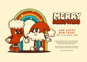 Vintage Christmas stocking and Santa hat on rainbow background with holiday greeting text Retro design for banners and festive websites