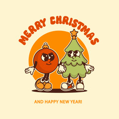 Vintage Christmas ornament and tree on holiday background with merry christmas text Shiny design for banners and greeting cards