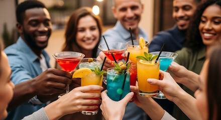 Diverse group of friends toasting with colorful cocktails