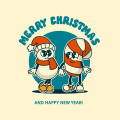 Vintage snowman and candy cane mascots on Christmas background with holiday text Colorful design for greeting cards and social media posts