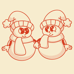Snowman couple holding hands contour vector design for Christmas togetherness