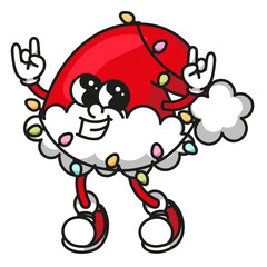 Bright red santa hat mascot with colorful lights garland and boots active retro pose festive vector design for holiday decorations