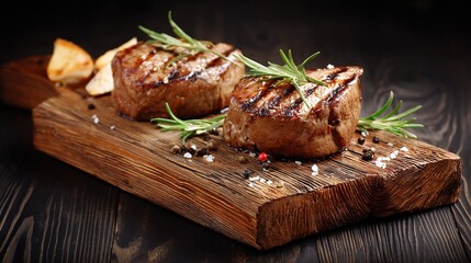 cuttingboard. Juicy steak on rustic cutting board photographed from above with appetizing shallow focus. menu design, packaging mockups, designed for culinary blogs and recipe cards for restaurants.