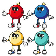 Cute colorful christmas ball mascot set with boots and gloves isolated on white background retro vector design for holiday decorations