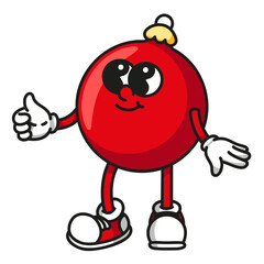 Cute red christmas ball mascot with boots and gloves isolated on white background retro vector design for holiday decorations