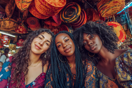 Diverse friends smiling closeup at market with woven baskets