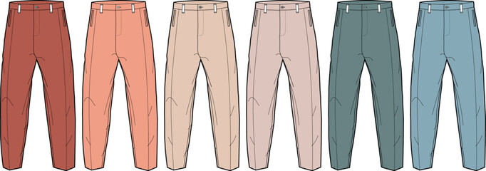Collection of casual trousers in various pastel colors for men and women
