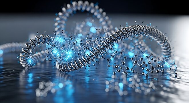 Abstract DNA helix structure with glowing blue molecular bonds reflecting on a dark surface, representing science and technology.