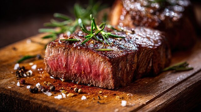 cuttingboard. Juicy steak on rustic cutting board photographed from above with appetizing shallow focus. menu design, packaging mockups, designed for culinary blogs and recipe cards for restaurants.