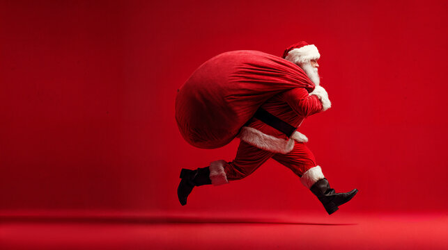 Santa claus running delivering presents with gift sack