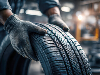 Mechanic wearing protective gloves inspecting a wet tire tread for safety and performance in a professional automotive workshop environment