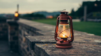 Vintage kerosene lantern glowing warmly on a stone wall at dusk