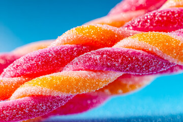 Colorful sugar-coated gummy candy twists against a bright blue background