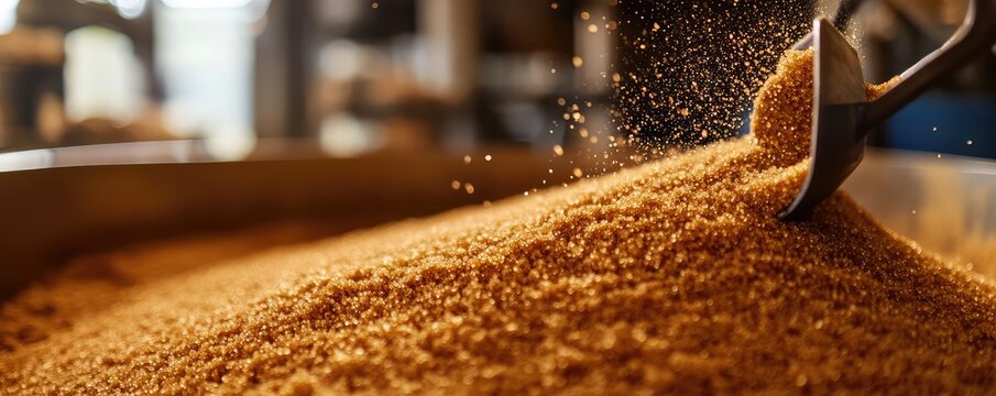 Pouring brown sugar in industrial setting.