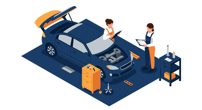 Isometric auto repair scene with mechanics and open car - Powered by Adobe