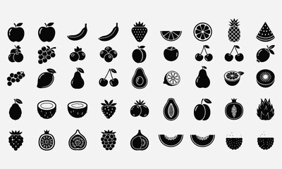 A comprehensive collection of black and white fruit silhouette icons for web and graphic design. Vector symbols representing healthy eating and nutrition