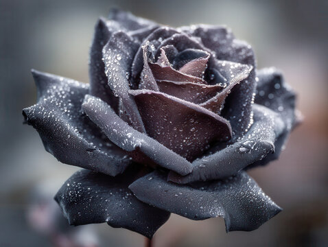 Dark purple rose covered in glistening morning dew drops with soft blurred background creating an elegant and mysterious floral close-up composition